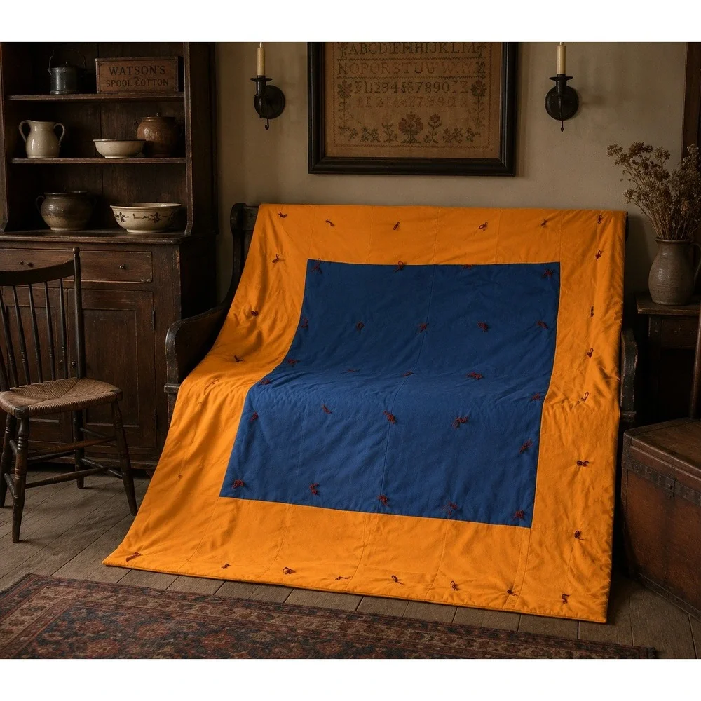 Handmade Patchwork Tied Quilt Orange Burgundy Blue Geometric Block Bedspread